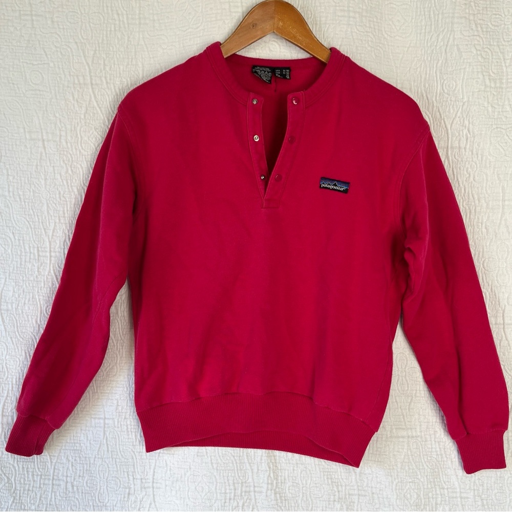 Vintage 86 Patagonia Womens 9 10 Sweatshirt Henley Snap Crew Pullover Pink Top